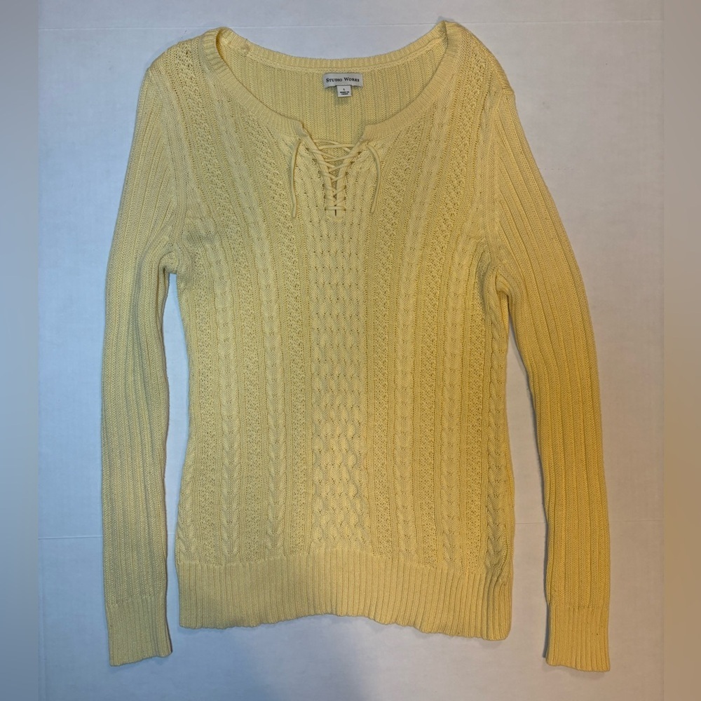 Studio Works butter yellow 100% cotton cable knit sweater lace-up v-neck Large